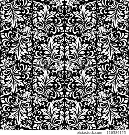 Wallpaper in the style of Baroque. Seamless vector background. White and black floral ornament. Graphic pattern for fabric, wallpaper, packaging. Ornate Damask flower ornament. 116584155