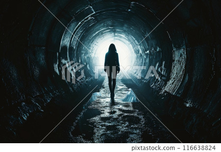 Silhouette of a Person Standing in a Dark Tunnel With Light at the End 116638824