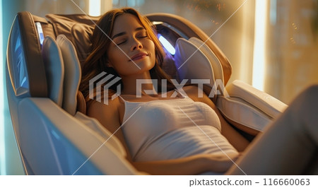 Woman Relaxing in Massage Chair at Home 116660063