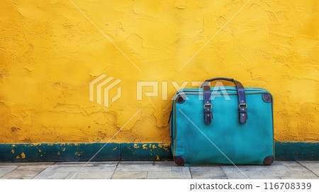 Blue suitcase on yellow background with copy space, travel and holidays concept. High quality illustration 116708339