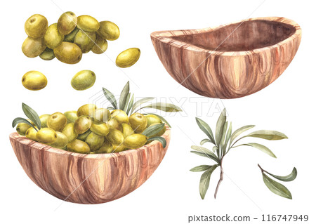 Green olives in a wooden bowl set Watercolor painted Olive leaves and fruits in a brown dish, ecological kitchenware. Hand drawn illustration Food clipart for menu, label design on isolated background 116747949