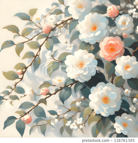 Gorgeous camellia blossoms adorning leafy branches, evoking a tranquil and graceful springtime setting 116761385