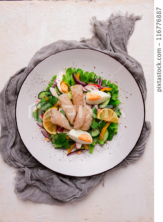 Salad of squid and vegetables, with egg, homemade, no people, 116776887