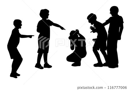 Bullying silhouette, bullying in schoolyard, schoolchildren filming on the phone torturing bullying their classmate in school silhouette 116777006