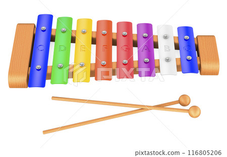 Wooden Xylophone 8 Notes for Kids Toddler with Multicolored Metal Bars. 3D rendering 116805206