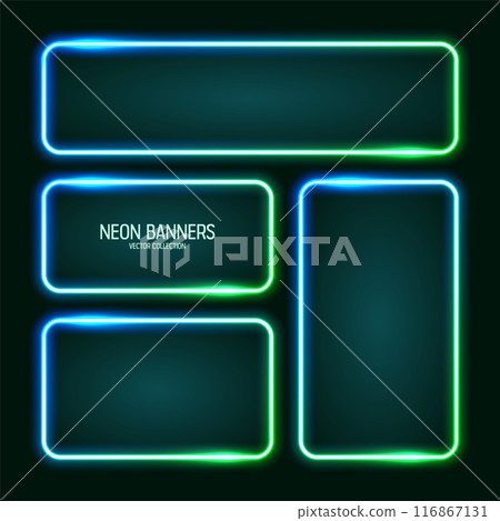 Glowing neon banners, illuminated colorful square frames. Shiny vibrant border, glow effect. Azure vintage retro lights, night illumination. Modern futuristic UI design elements. Vector illustration 116867131