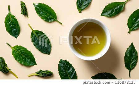 Green tea leaves background cream beige 116878123