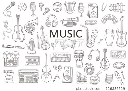 Set of different doodle musical instruments 116886319