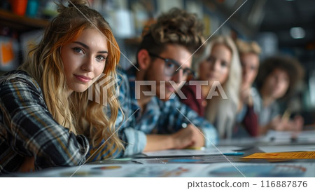 a group of young people are sitting at a table 116887876