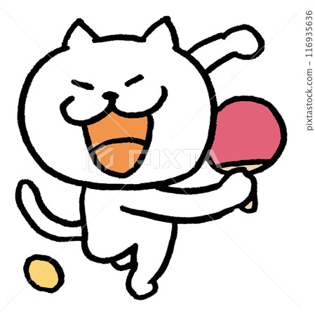 A cute white cat character with narrow eyes playing various sports 116935636