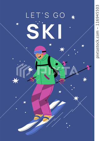 Winter sports people. Skiing athlete. Skier in sportswear. Cold season. Person with skis rides from slope. Mountain vacation. Freestyle downhill competition. Vector motivation banner 116945503