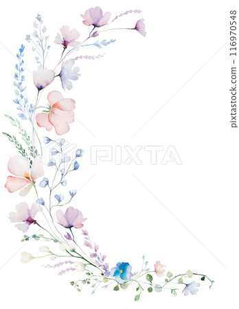 Bouquet made with watercolor pastel wild flowers and leaves,  hand drawn wedding illustration 116970548