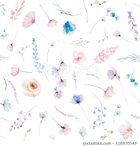 Seamless pattern made with watercolor pastel wild flowers and leaves,  wedding illustration 116970549