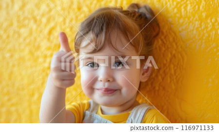 Smile beautiful young girl kid thumbs up gesturing recommend invite you kindergarten isolated on yellow color background 116971133