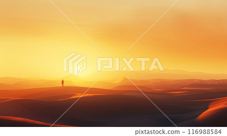 Poster with silhouette of a traveler walking through the desert, magnificent sunset, travel advertising banner 116988584