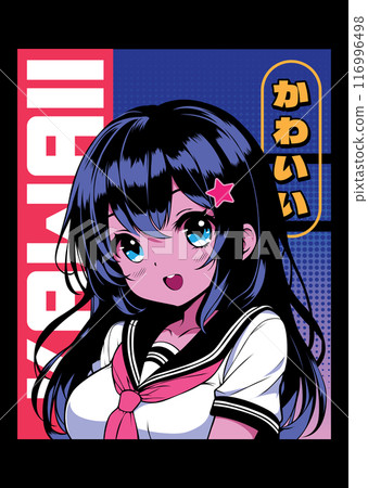 Anime girl poster in manga style. Tokyo Japan anime girl with concept of virtual reality,retro,futurism,futuristic,cyberpunk. Japanese y2k vector illustration. Kanji translation is Kawaii or Cute  116996498