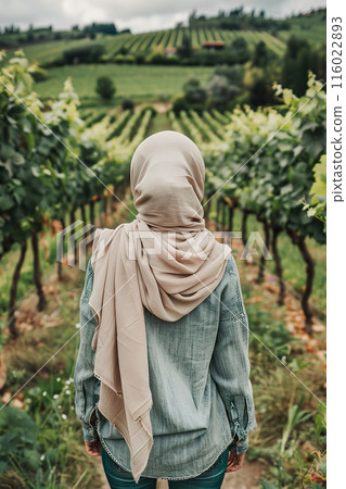 Woman with headscarf stands among vineyard rows, surrounded by lush green hills and cloudy sky 116022893