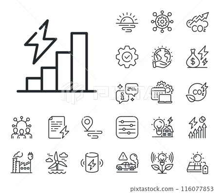 Electric power up trend sign. Energy, Co2 exhaust and solar panel outline icons. Consumption growth line icon. Energy chart symbol. Consumption growth line sign. Vector 116077853