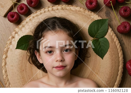 A little girl is happily lying in a heap of cherry fruits 116092128