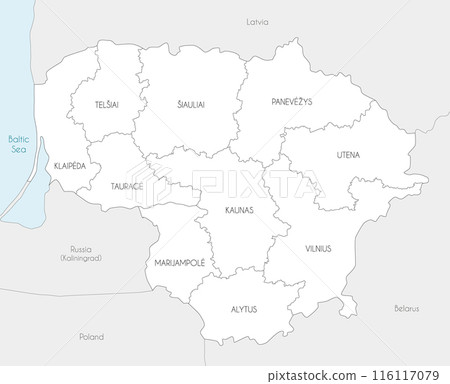 Vector regional map of Lithuania with counties and administrative divisions, and neighbouring countries and territories. Editable and clearly labeled layers. 116117079