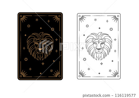 Tarot card with leo zodiac style. Simple line art style. 116119577