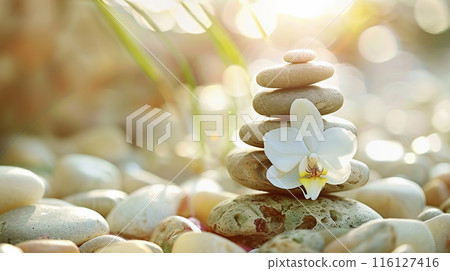 Calm Stone Balance with Orchid for Massage Therapy Websites. 116127416