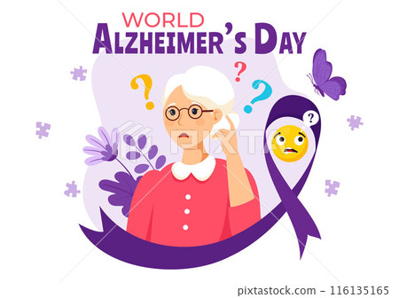 World Alzheimer's Day Vector Illustration featuring an Elderly and a Brain Jigsaw Puzzle Symbolizing Memories on a Purple Ribbon Flat Background 116135165