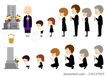 A set of three generations of a family visiting a grave for a memorial service 116137855