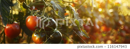 A plantation teems with black tomatoes, their plump, black fruits nestled among the green vines, growing vigorously and signaling a season of rich, flavorful produce, banner 116147943