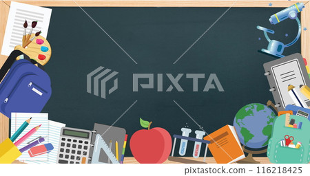 Image of school items icons over black background 116218425