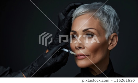 Beautiful mature woman receiving botox injection in her face at beauty salon, black background poster copy space 116261650