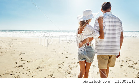 Love, hug and back of couple at a beach with support, care and trust while bonding on summer break together. Travel, relax and calm people embrace at the ocean for adventure, journey or trip in Miami 116305115