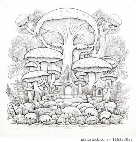 Coloring Book Page with Mystical Forest. Magic Mushrooms. Psychedelic poster. Zen art. 116323082