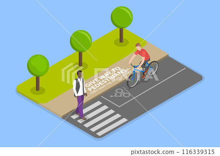 3D Isometric Flat Vector Illustration of Yield to a Pedestrian , Rules for Safely Riding a Bicycle and Following Traffic Regulations 116339315