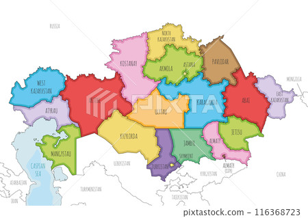 Vector illustrated map of Kazakhstan with regions, independent cities and administrative divisions, and neighbouring countries and territories. Editable and clearly labeled layers. 116368723