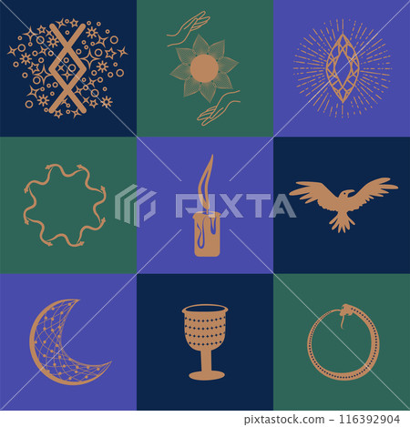 Set of magic symbols, celestial seamless pattern. Astrological, magical and esoteric symbols 116392904