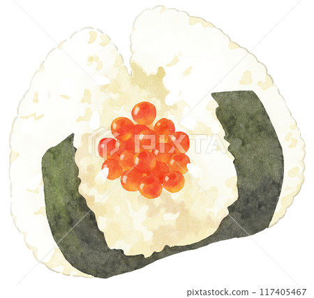 Rice ball with salmon roe split in the middle (with outline) Watercolor touch 117405467