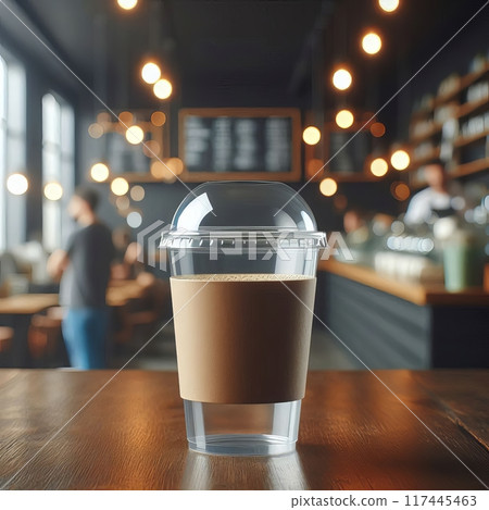 Vibrant Takeaway Cup in Various Colors with a Blurred Coffee Shop Background for Mockup and Branding Use 117445463