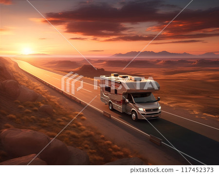 Recreational Vehicle Apartment Truck on the Road in a Wonderful Sunset Sunrise Aerial AI Photo 117452373