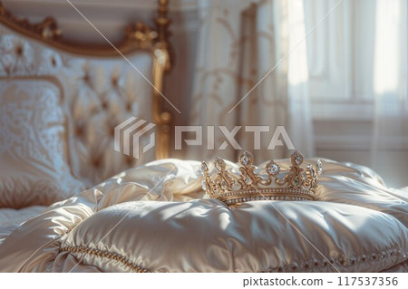 Beautiful golden crown with stones on a pillow in princess bedroom 117537356