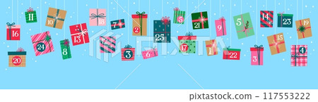 Christmas advent calendar with holiday gifts boxes garland and day dates, vector template background. Christmas advent calendar with December present gifts with ribbons and snowflakes pattern wrapper 117553222