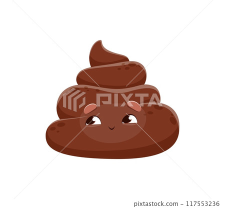 Cartoon poop emoji. Isolated cute vector poo with a smiling face. Fun and playful emoticon for digital communications, stickers, and humorous content. Brown shit with happy and dreamy face expression 117553236