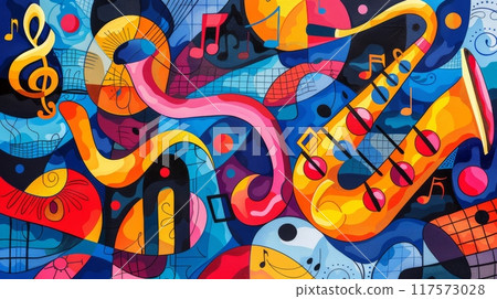 A lively abstract illustration with musical notes and saxophones flowing together. Jazz music banner 117573028