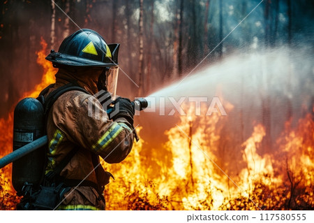 Close-up of a firefighter directing a powerful hose at a wall of flames in the woods 117580555