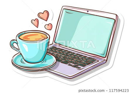 A cozy coffee break with a laptop and hearts in a bright, cheerful setting 117594223