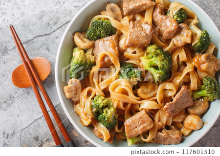 Asian stir fry with with beef, broccoli, noodles and mushrooms in garlic soy sauce closeup on the bowl. Horizontal top view 117601310