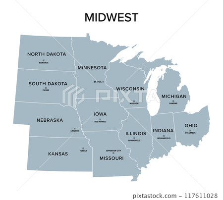 Midwest, census region of the United States of America, gray political map of census region 2, consisting of 12 single states. Map with geographical borders and capitals. Isolated illustration. 117611028