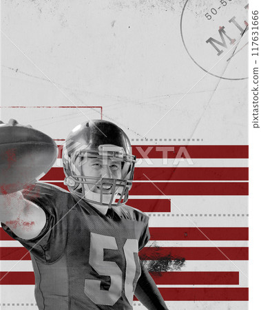 Poster. Contemporary artwork. Football player confidently holds ball against background of red and white stripes. Paper texture. Vintage style design. 117631666