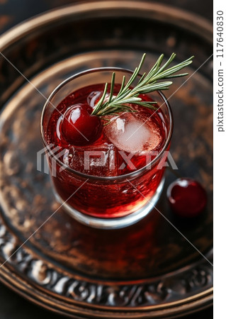 Refreshing cherry cocktail served over ice with rosemary garnish on an ornate tray 117640830