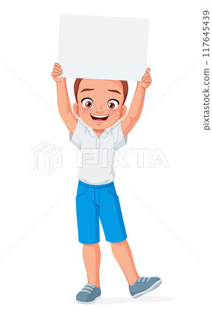 Happy little boy holding a blank banner. Cartoon vector illustration. 117645439